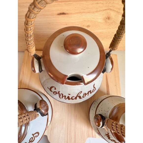 Vintage French condiments labeled pots with lids and rattan handles. - Picture 5 of 7